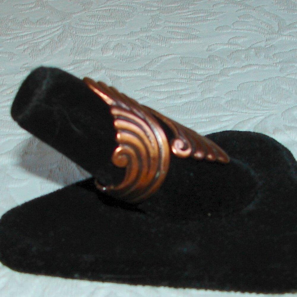 Vintage Solid Copper Wrap-Around RING, Wave/Scroll Design, Sz 7 / Adjustable E98 - Picture 3 of 12